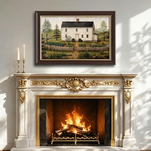 Image of Framed Vintage Colonial Farmhouse Canvas Wall Art, Primitive White House with Garden Canvas Prints Pictures, Antique Folk Art Wall Decor for Living Room Bedroom Farmhouse Kitchen