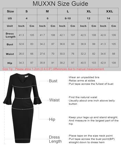 MUXXN Women's 50s Vintage 3/4 Sleeve Ruffled Sleeve V Neck Midi Business Formal Work Bodycon Pencil Dresses4