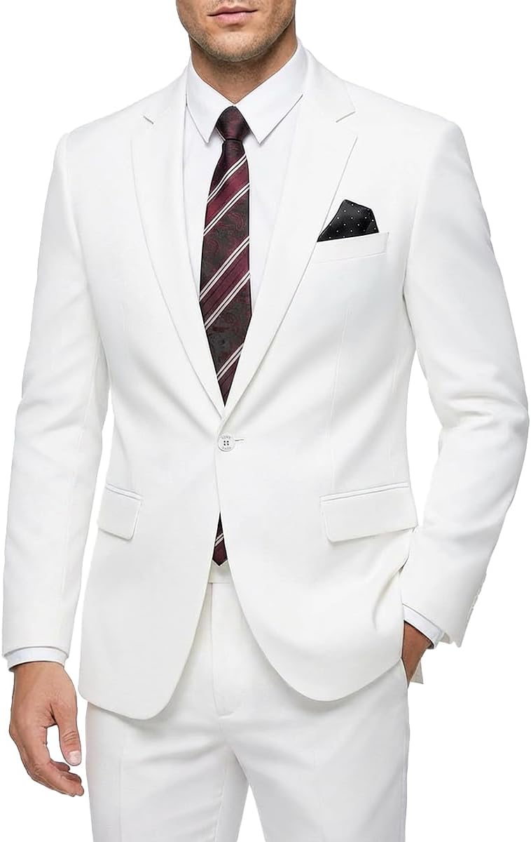 Men's 2 Piece Suit Slim Fit - One Button Jacket Pants with Tie and Pocket Square, S...
