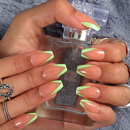 Outyua French Press on Nails Glossy Coffin Medium Fake Nails Tips Acrylic Full Cover Nails French False nails (Green)