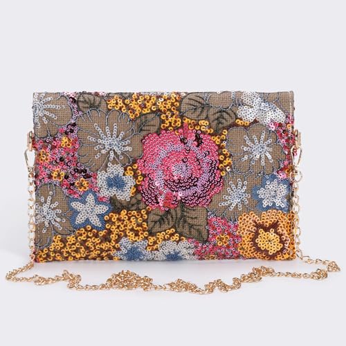 Image of Clutch Purses for Women, Envelope Package, Sequin Embroidered Flowers Straw Bag, Bohemian Handmade Handbags