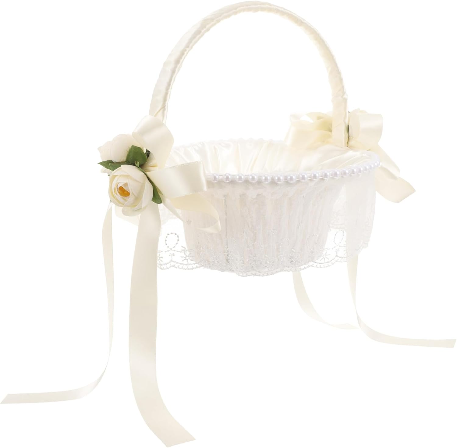 Alipis Wedding Flower Girl Basket White Faux Rose with Bow Handheld Elegant Lace Basket for Indoor Outdoor Wedding Party Ceremony Supplies