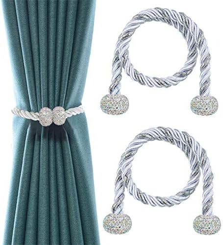 Magnetic Curtain Tiebacks Crystal Drapery Tie Backs Weave Holder for Draperies Sheer Curtains 2 Packs Shining Decorative Curtain Holdbacks Clips for Bedroom Living Room Window Treatments (White)