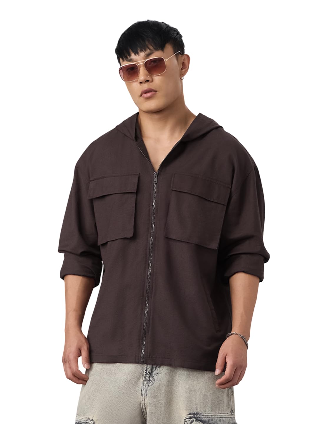 the souled store Utility Hoodie: Cocoa Men and Boys Full Sleeves Hooded Neck Cocoa Brown Solid Cotton Linen Oversized Fit Breathable Fabric Zipper Hoodie-picture-23