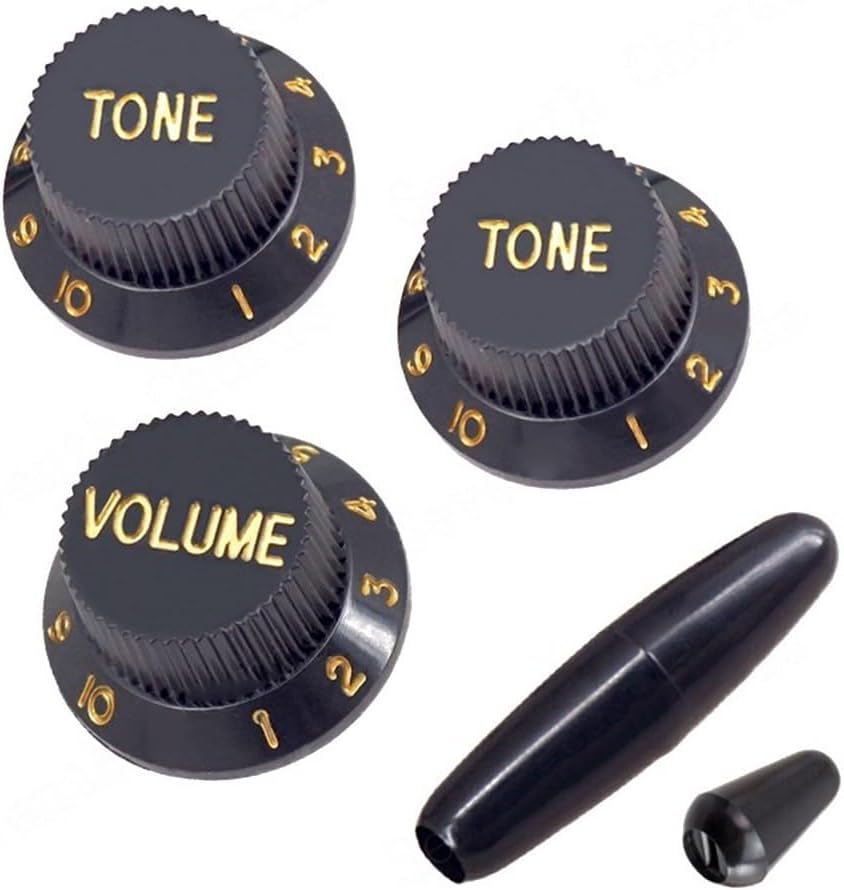 ST Style Guitar Control Knob Set with 1 Volume 2 Tone Plastic Knobs and Whammy Bar Compatible with Strat for SQ or Similar Elec Black+Gold