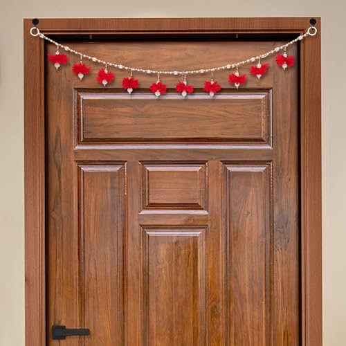 Image of Akaar Decor Floral Pearl Bead Toran with Red Flower Latkans | Decorative Door Hanging for Home Entrance, Mandir & Pooja Room | Diwali Decoration, Wedding & Festive Decor