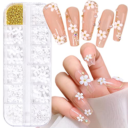 Flowers Nail Art Decorations, White Floral Pearl Beads Resin Nail Glitter Sequins, Five Petals Blossom Nail Studs Rhinestone Design For Nail Stickers Decals Foils, Women Girls Manicure Charms Supplies #TOP22