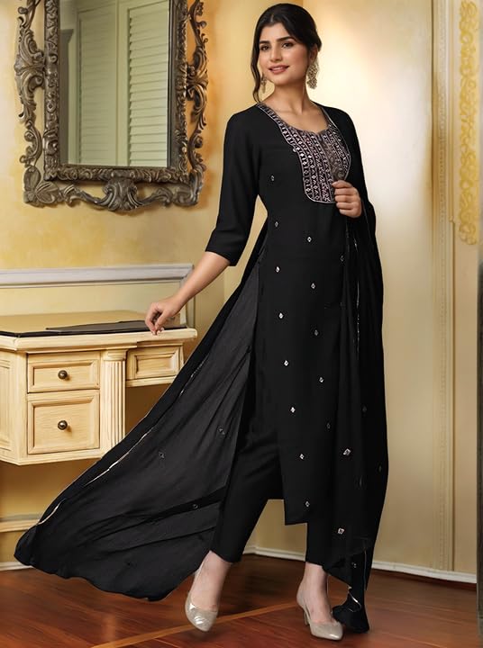 Kurta droite brodée en rayonne GoSriKi avec pantalon chic - 4