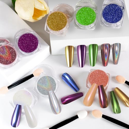 SIUSIO 16 Gläser Chrome Nagelpulver Nagelkunst Glitter Dekoration Metallische Spiegel Effekt Holographische Aurora Chameleon Pigment Pulver Kit 0,35g / Jar Perle für Harz Handwerk & Nagelkunst