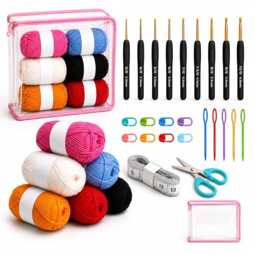 Image of TheWooly Wonders Beginners Crochet Kit, Adults Include 5 Yarns, 59pcs Crochet Starter Kit for Beginners Kids, Crochet Hooks, Stitch Markers, Storage Bag, All in One (Black)