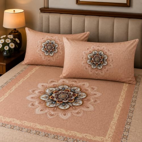 Image of 7D Digital Printed King Size Bedsheet with 2 Pillow Covers | Soft Premium Cotton Feel Microfiber Double Bed Bedsheet |Breathable,Wrinkle Free & Fade Resistant|(SeaPeach, KingSize-225x250CM)
