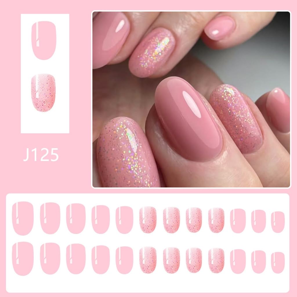 24Pcs Glitters Spring Short Oval Shape False Nails Glossy Acrylic Stick On Nails Manicure Nails Accesorie
