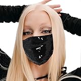 Jepony Sparkly Sequin Face Mask,Rhinestone Mask Adjustable Ear Loops Reusable Fashion Mask with Carnival Sequin Party for Women (Black)