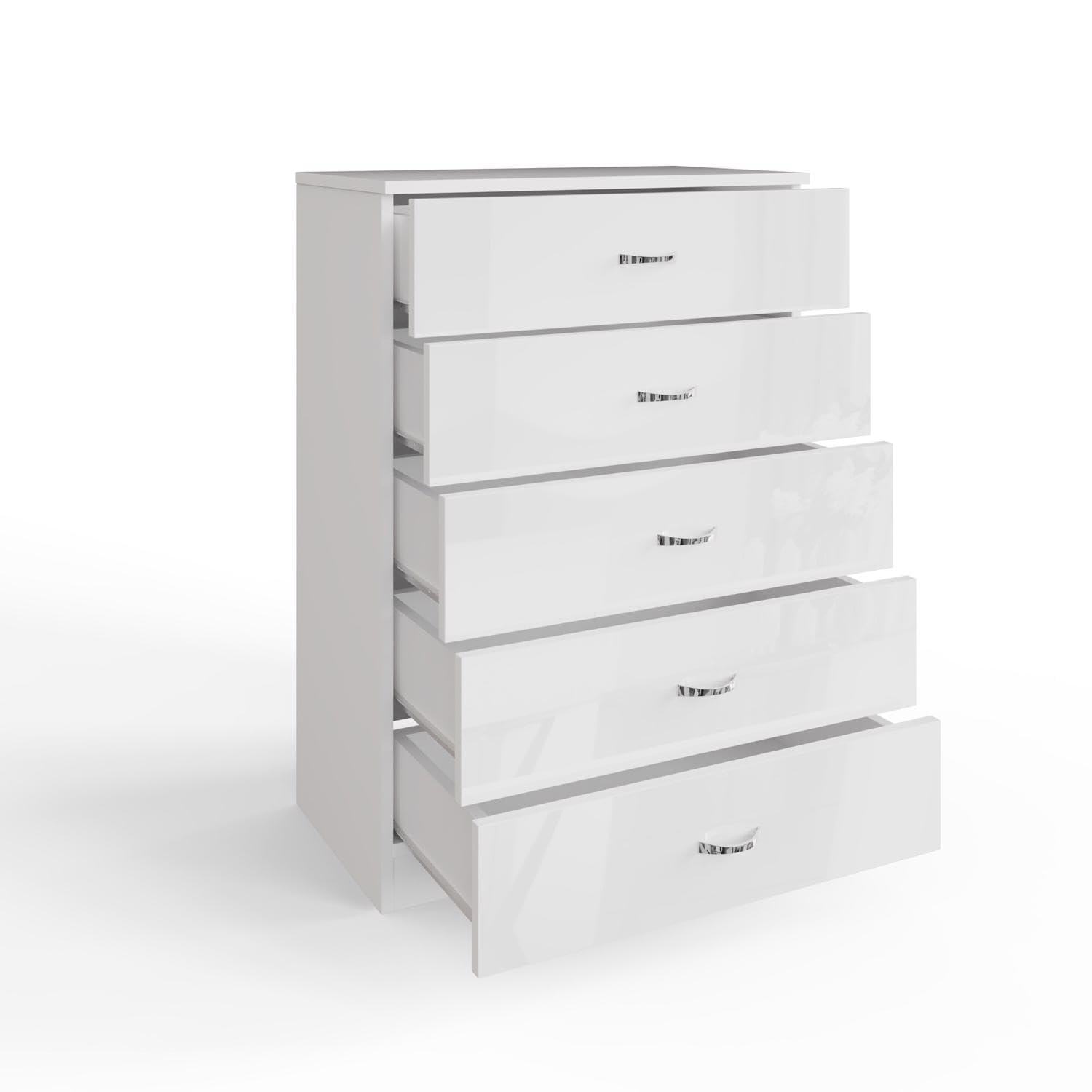 FWStyle White High Gloss Tall 5 Drawer Chest Bedroom Furniture Matt White Frame. H100 x W70 x D40cm.
