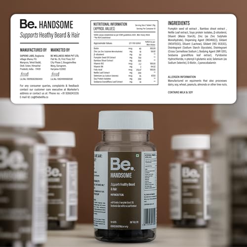 Image of Be. Handsome Hair & Beard Growth Supplement | Biotin, Pumpkin Seed Oil & Bamboo Shoot Extract | Stronger Hair, Beard Fullness & Reduced Hair Fall | Travel Pack | 20 Tablets