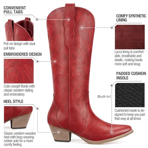 Image of Rollda Cowboy Boots for Women Cowgirl Boots Embroidered Knee-High Western Boots Pointy Toe with Chunky Heel