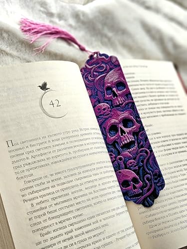 Image of Magenta Skull Bookmark with Tassel - Gothic Skull Design | Washable, Lightweight Bookmark for Books & Journals | Durable Bioplastic