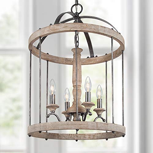 LNC Wood Chandeliers for Kitchen Island, Farmhouse Hanging Light Fixture for Dining Room with Adjustable Chain, Wood & Metal, W16â€ x H22.5