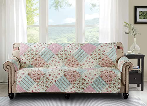 Brilliant Sunshine Pink And Green Rose Patchwork Couch Cover, Quilted Large Sofa Slipcover, 70" Seat Width, Slip Resistant Furniture Protector, 2" Strap, Washable Couch Cover For Dogs, Kids,Pink Green #TOP3