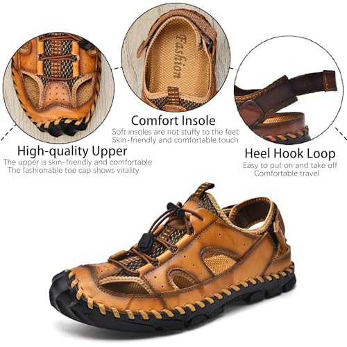 Men's Leather Hand Stitched Fisherman Sandals with Back Hook Loop Casual Breathable Cutout Closed Toe Anti-Slip Flat Water Shoes Summer Outdoor Beach Walking Shoes3