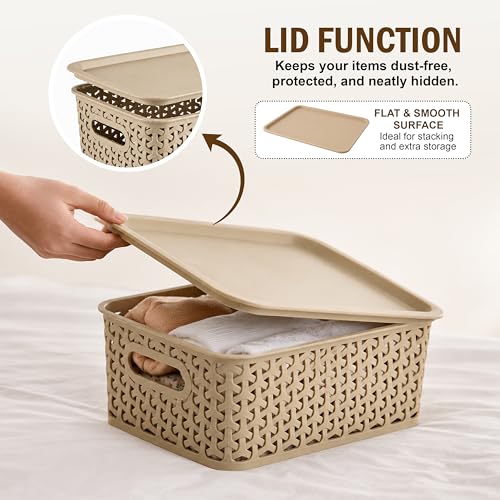 Image of JD Fresh Pack of 3 Premium Plastic Storage Basket with Lid /Smooth Handle Design&Stackable Storage Organizer /Durable Kitchen Storage Basket for Clothes, Vegetables, Fruits, Toys and Stationery(Biscuit)