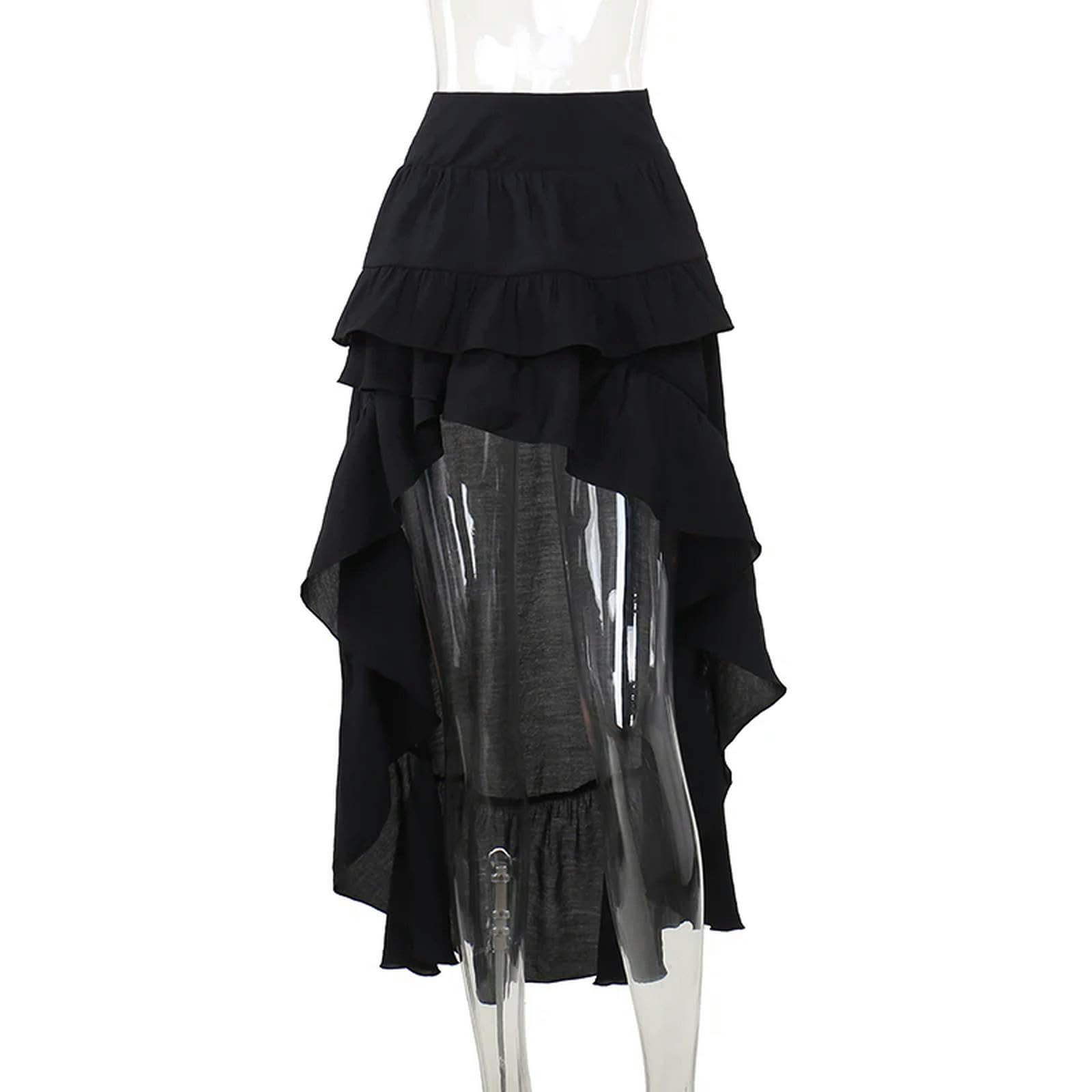 Falda Negra Alta con Volantes, Estilo Harajuku, gótica, Irregular, Larga, Estilo Rock, Ropa de Calle, Negra, L