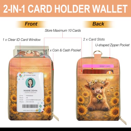 Highland Cow Sunflower Lanyard Wallet Credit Card Holder Small Wallet for Women, Slim RFID Blocking ID Badge Holder Keychain with Zipper Coin Pocket, Thin Travel Card Case with ID Window Ladies Gifts - Image 3