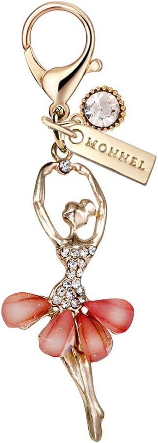 Monnel MC159 Adorable Crystal Ballerina Lobster Clasp Charm Pendant with Velvet Bag (Pink, 1 Piece)