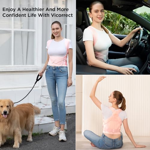 Image of Vicorrect Posture Corrector for Women and Men: Back Support Brace Relieve Upper Back Shoulders Pain (Pink, Medium)