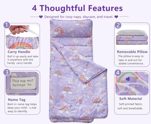 Image of Toddler Nap Mat with Removable Pillow,Ultra Soft Slumber Bags for Girls,Kids Sleeping Bags with Roll Up Design, Perfect for Preschool,Daycare,Kindergarten