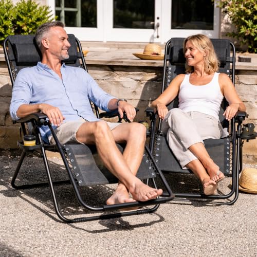 Soontrans Liegestuhl 2er-Set, Schwerelos Chillen, Liegestuhl Klappbar mit Stufenlos verstellbare Positionen & Kopfstütze & Getränkhalter, aus Stahlrahmen & Textilenebezug (Anthrazit)