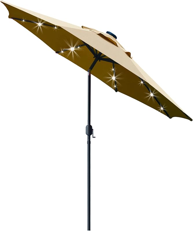 Sunnyglade 9' Solar LED Patio Umbrella, 8 Ribs, Tilt & Crank (Light Tan) | 9Ft Patio Umbrella with 24 Led Lights, Fade-resistant Canopy for Patio, Garden, Backyard, Poolside & Picnic Tables