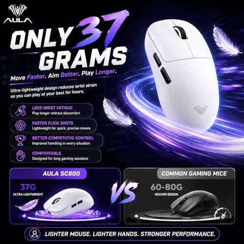 Image of AULA SC800 Tri-Mode(2.4GHz /BT /Wired) Ultra-Lightweight Gaming Mouse | 37grams, Adjustable 26000 DPI, PAW3395 Sensor, 8000 Polling Rate, Ultra-Precise & Durable for Gaming & Office Use | White (SC800W)