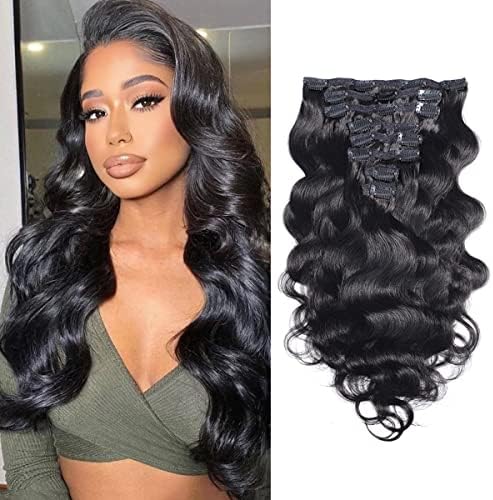 Body Wave Clip In Human Hair Extension 100% Virgin Brazilian Hair Clip in on Human Hairpiece Natural Black Body Wavy Hair Clip Ins Extension (10 Inch)