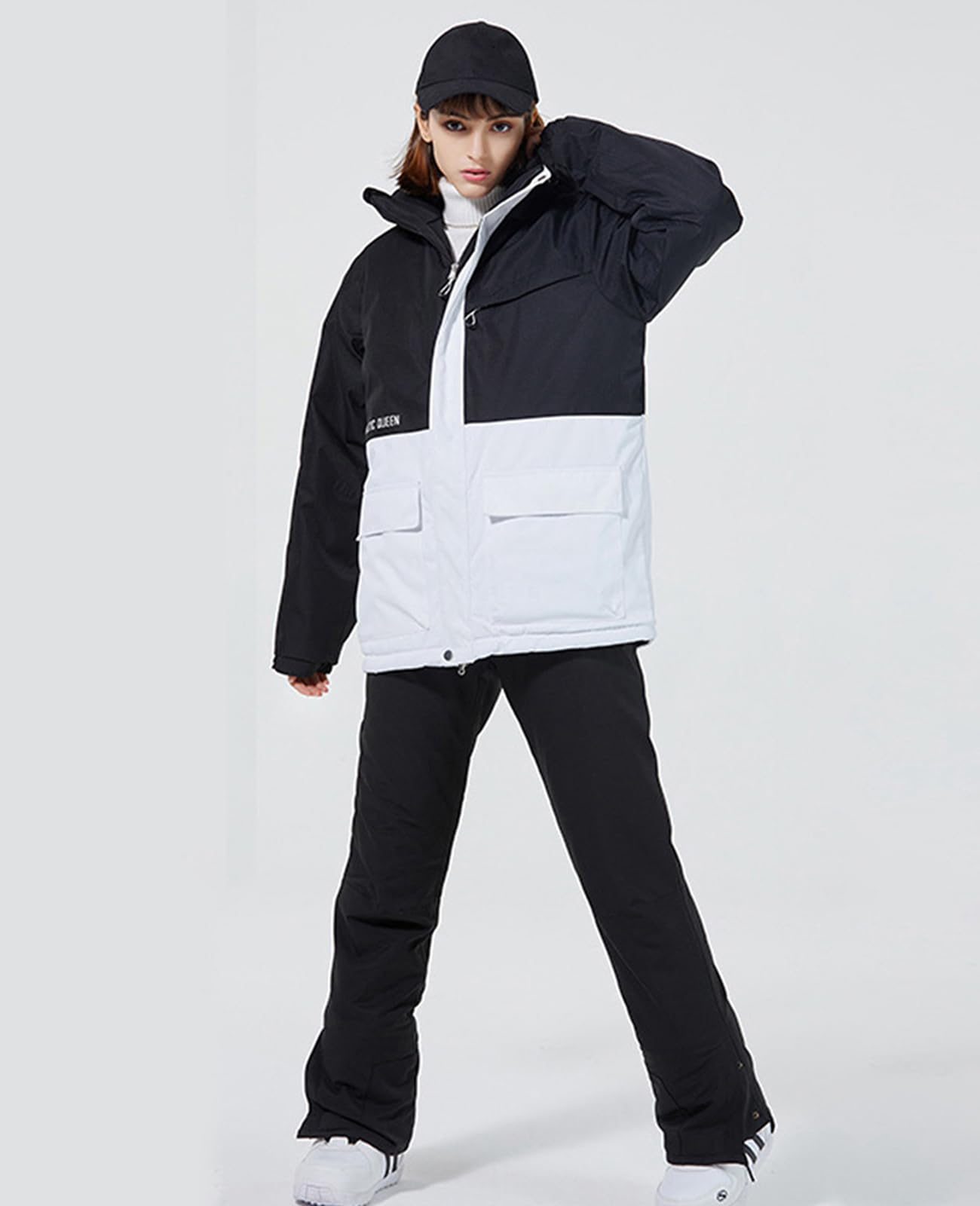 ALSOGO Conjunto de chaqueta de esquí y pantalones de esquí para mujer, traje de esquí de 2 piezas, impermeable, cálido, chaqueta de invierno con capucha desmontable para esquí, snowboard, chaqueta de