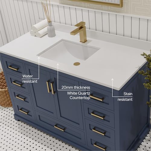 Maya-48-in-Navy-Blue-Bathroom-Vanity-Set-with-White-Quartz-Countertop-Ceramic-Sink-2-Soft-Closing-Doors-7-Full-Extention-Soft-Close-Drawers-Gold-Hardware Maya 48 in Navy Blue Bathroom Vanity Set with White Quartz Countertop Ceramic Sink 2 Soft Closing Doors 7 Full Extention Soft Close Drawers Gold Hardware