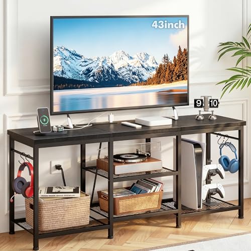 YGEOMER TV Stand for Tvs Up to 55 Inch, Entertainment Center with Power Outlet and Open Storage Shelves, TV Console Table for Living Room Bedroom, Black