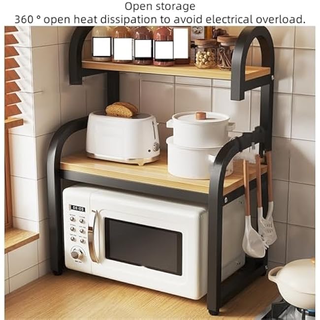 2 Tier Carbon Steel Microwave Countertop Stand Microwave Oven Rack Kitchen Counter Shelf Tableware Storage Shelf Spice Rack Cup Holder Elegant(Natural,80cm)