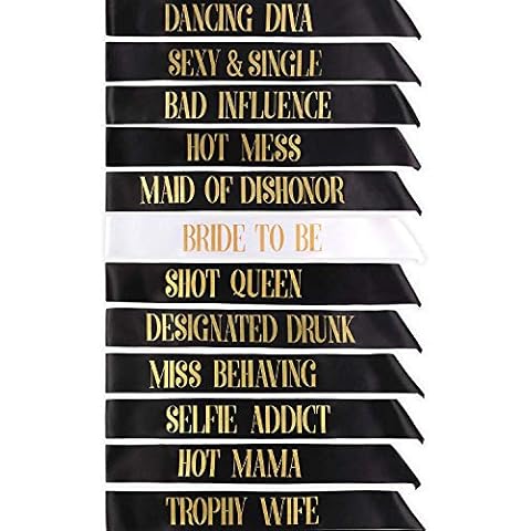 STAY GENT 12 Pieces Bride to Be Sashes Set 11 Pieces Black with 1 Piece White Sashs Gold Text for Hen Night Party Wedding Ladies Night Out Cover