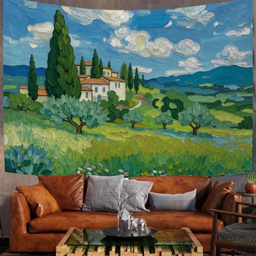 Tapiz de tela pintado al óleo en tonos azul-verde con paisaje de pueblos y campos, 150x130cm