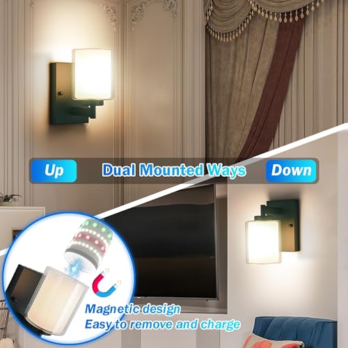 Image of Battery Operated Wall Sconce Set Of 2, 10000mAh Wireless Rechargeable Wall Sconce With Remote Control, RGB Dimmable Bathroom Light Fixtures With Double Clear Glass Shade For Mirror Bedroom Living Room