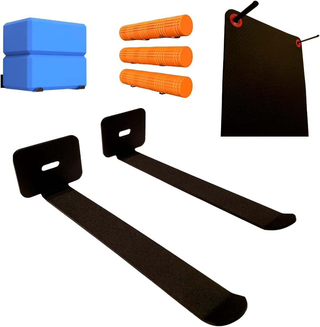 IRON AMERICAN Yoga Mat Hanger - Adjustable Hooks for Exercise Mats, Foam Rollers & Gym Equipment Storage - Wall Mounted - Hardware Included - (6.75" x .75") - American Steel