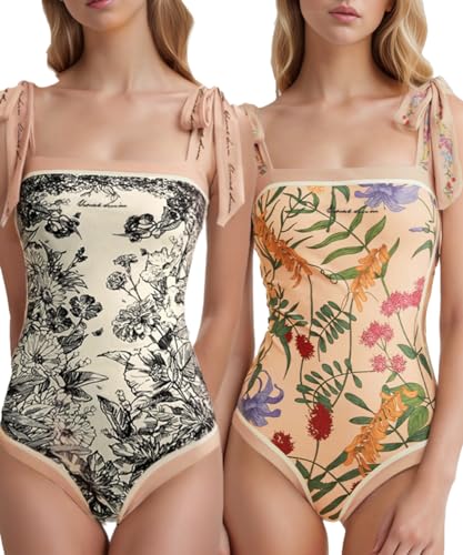 Image of SKAYS Reversible Floral One Piece Swimsuit Women Bathing Suit Vintage Cute with Adjustable Straps Swimwear