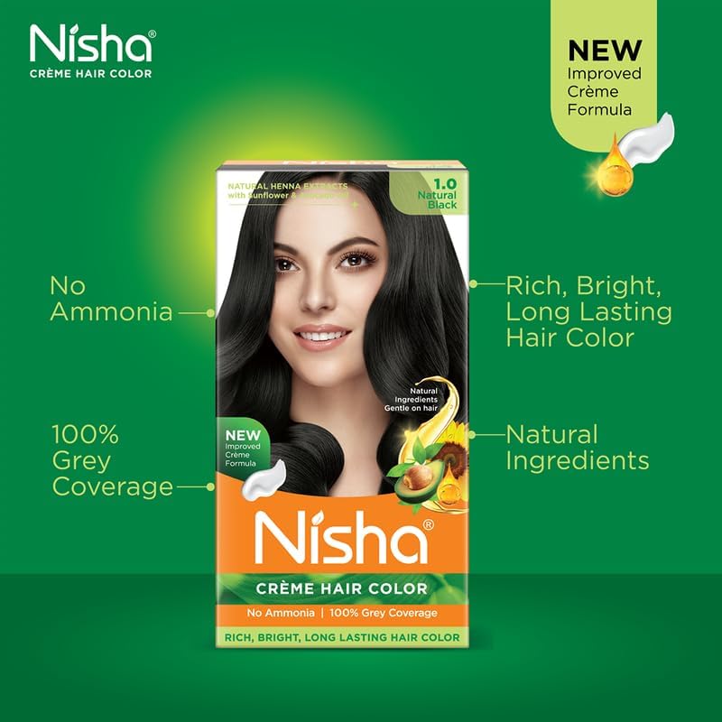 Image of Nisha Creme Hair Color, Permanent Hair Colour Natural Black, Silky & Shiny 100% Grey Coverage & Ammonia Free Color With Natural Henna Extract, 60G+60Ml