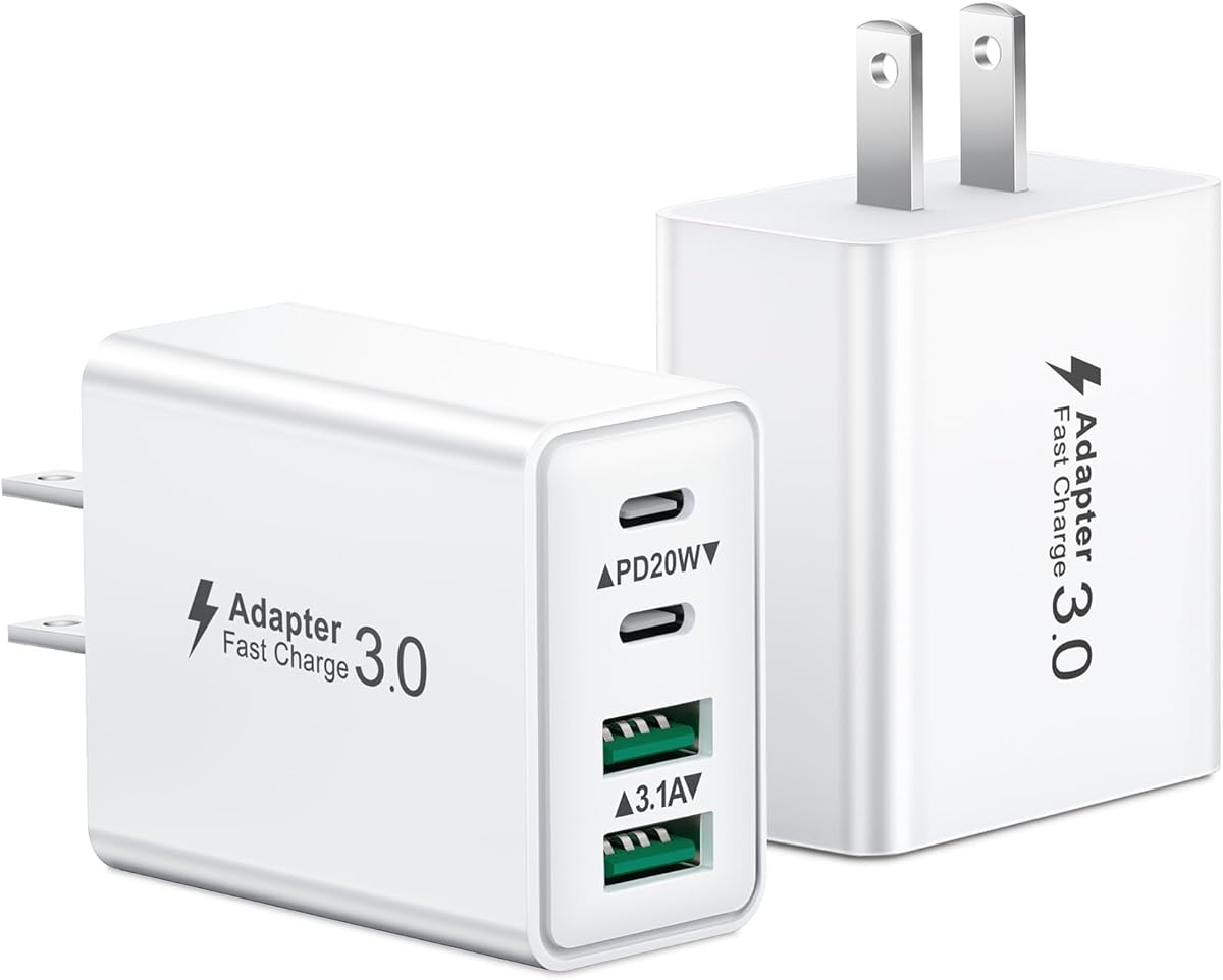 USB C Charger Block, 2Pack 40W 4-Port Type C Fast Charging Block Dual PD Power Adapter+QC Plug Double Wall Charger Blocks Multiple USBC Charging Cube for iPhone 17 16 15 14 13 12 11 Pro Max, Samsung