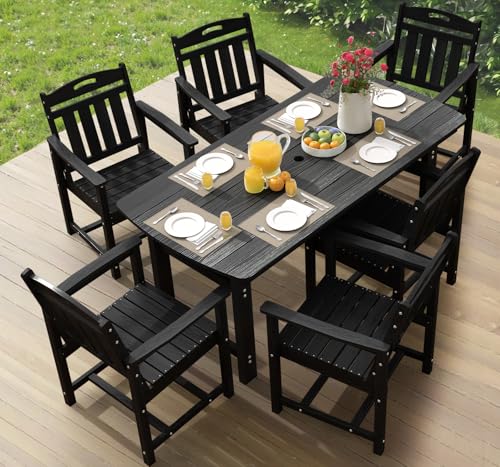 Image of Ciokea HDPE Outdoor Dining Set, 7-Piece Patio Table and Chairs Set with Umbrella Hole, All-Weather Patio Dining Sets for 6, Durable Patio Furniture for Backyard, Garden, Lawn & Poolside, Black