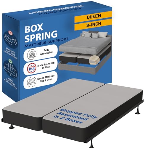 Greaton, Box Spring Bed Base Queen Size, 8-Inch Wood Mattress Foundation – Amish Made in USA – Quiet Noise Free, 2-Pieces Under Mattress Support Box-Spring, Fully Assembled, Gray