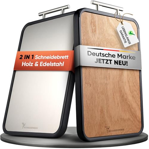 Doppelseitiges Schneidebrett Holz & Edelstahl &ndash; 2-in-1 K&uuml;chenbrett | Rutschfestes Cutting Board, Gro&szlig; mit Saftrille & Anti-Slip-Rahmen | Schneidewerk