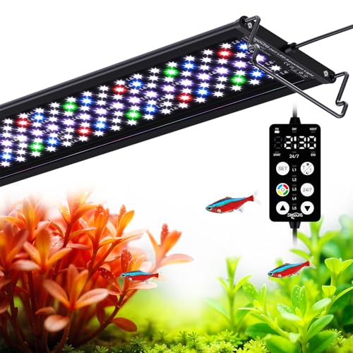SEAOURA Aquarium Lampe mit Timer, Vollspektrum LED Aquarium Beleuchtung mit Stromausfall Gedächtnis, 8 Farboptionen, 20 Helligkeitsstufen, Verstellbare Beleuchtung für Süßwasser Aquarien 30-45cm