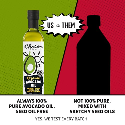 Image of Chosen Foods Organic Avocado Oil, 16.9 Fl Oz - All Purpose Cooking Oil made from 100% Pure Avocados - Non-GMO, Gluten-Free, Keto Friendly, Glyphosate Free - 500mL (Pack Of 1)